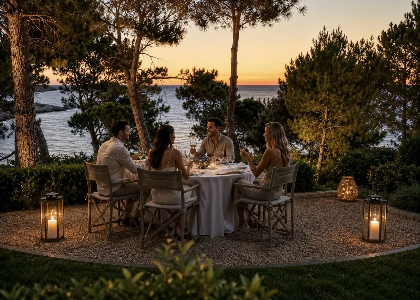 Guests at dinner among the pines at sunset, lanterns lit around the table